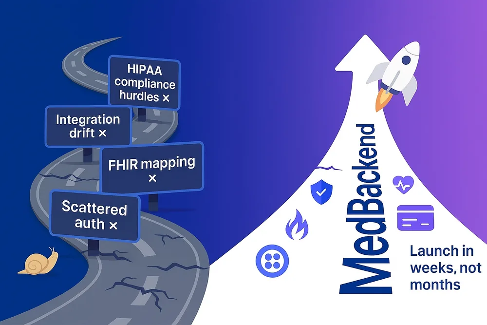 A cracked, winding road blocked by struck-through signs reading HIPAA compliance hurdles, integration drift, FHIR mapping and scattered auth, beside a straight MedBackend road rising to a launching rocket.